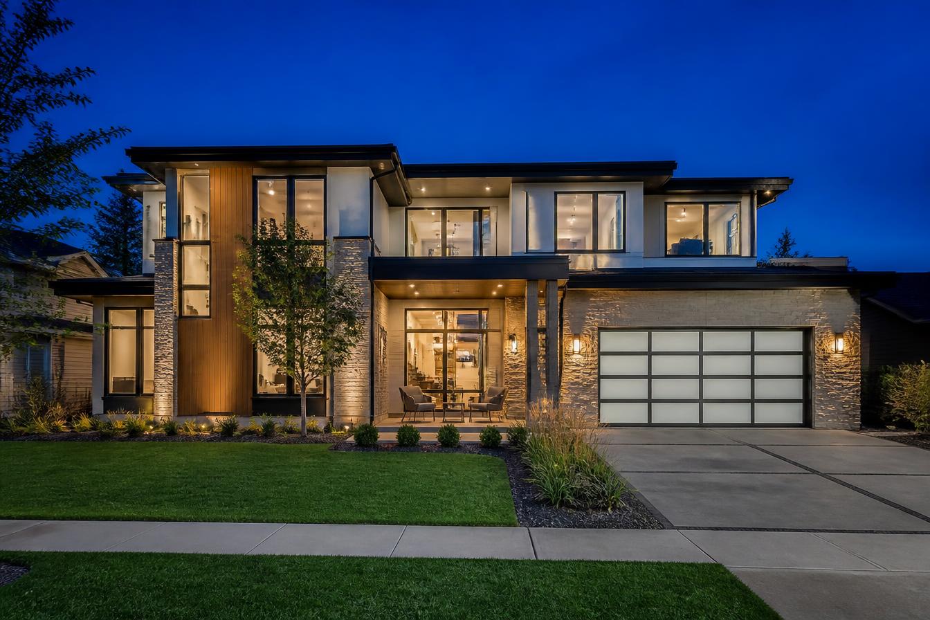 Modern custom home built by JOEH Construction Group at dusk