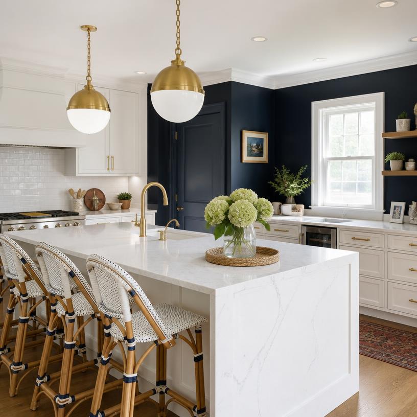 Kitchen renovation with navy accent wall by JOEH Construction Group