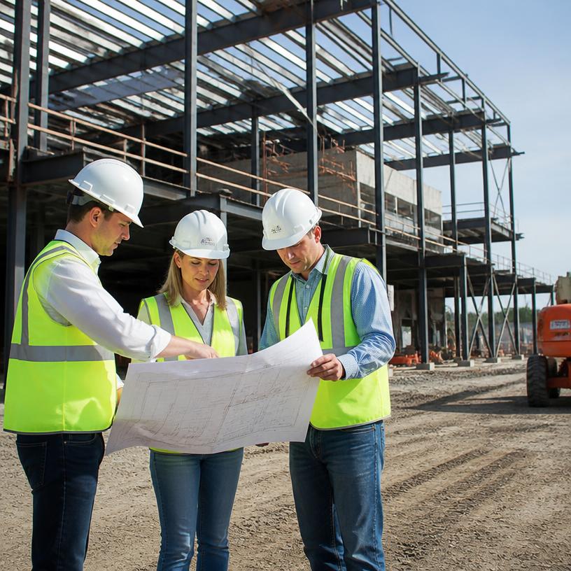 JOEH crew reviewing blueprints on a steel structure site